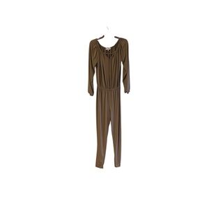 Vanessa Williams caramel peasant style tie neck elasticized waist jumpsuit Sz S
